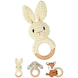 OFFCUP Babyrassel Gehäkelte Greifling, Beißring Baby, Niedlicher Greifling für Baby, Zahnring Holz, Handmade Rassel Beißring Gehäkelte Tiere Spielzeug für Babys & Kleinkinder ab 0 Monate - Hase