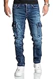 REPUBLIX Herren Cargo Jeans Regular Slim Denim Hose Destroyed R7977 Dunkelblau W34/L32