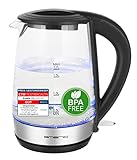 Emerio WK-123131, Glas Wasserkocher 1.7L, BPA frei, bestes Borosilikatglas, 2200 Watt, schöne blaue LED Beleuchtung, Auto Off, Überhitzungsschutz, mit hochwertigem Edelstahl