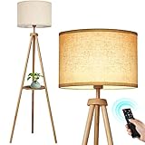 OUTON LED Stehlampe Dimmbar Dreibein Holz mit Regal, Fernbedienung, 4 Farbtemperatur Einstellbar, 1H Timer, Stativ Stehleuchte mit Beige Lampenschirm für Wohnzimmer, Schlafzimmer, Büro, Eiche