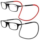 Lanomi Schmal Lesebrille Damen Herren Magnetverschluss Clip Leicht Lesehilfe Sehhilfe mit Elastische Silikon Brillenbänder 2 Stücke Schwarz(Rot+Grau Arm) 2.0