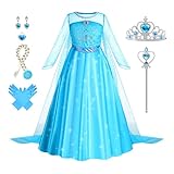 Foierp Elsa Kostüm Mädchen 5-teiliges Set Elsa Kleid mit Krone Diadem Zauberstab Handschuhe für Halloween Cosplay Weihnachten Geburtstag Party