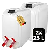 ABACUS® 2X 25 Liter Wasserkanister Natur | Chemiekanister | Auslaufhahn und Deckel (DIN 61) | Lebensmittelecht | Indoor und Outdoor | BPA Frei | Säurefest | Mit Skala zum Ablesen des Füllstands