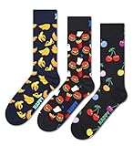 Happy Socks Classic Crew Socken für Damen und Herren – Bananen, Burger & Kirschen – 3er-Pack, Größe 41–46