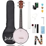 Mulucky Banjolele MBU-808 Banjo-Ukulele, Konzertgröße, 58,4 cm, geschlossene Massivholzrückseite, Anfänger-Set mit Halsstab, Gigbag, Stimmgerät, Saitengurt, Plektren