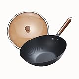 Wokpfanne 32cm, Karbonstahl Wok zum Kochen, Schmoren und Braten, ohne Chemische Beschichtung Flacher Boden Wok für Induktion Elektro Gas Halogen alle Herde