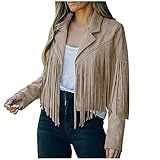 Fringe Cute Jacken Langarm Solid Light Cropped Open Front Herbst 2023 Laufjacken für Frauen Warme Schwere Outwear Damenjacke Essential Casual Workout Jacke Damen Jacken, beige, 46