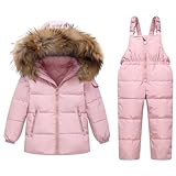 Kinder Schneeanzug Daunenjacke mit Kaputze + Schneelatzhose, Winter Bekleidungsset Mädchen Winterjacke und Skihose 2pcs Outfit Set, Rosa 2-3 Jahre
