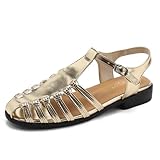 Damen Gladiator Römersandalen geflochten aushöhlen geschlossene runde Zehen Schnalle leicht lässig vielseitige Schuhe, gold, 40.5 EU