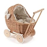 e-wicker24 DESAYER PUPPENWAGEN AUS WEIDE MIT LEINEN BETTWÄSCHE, Spielzeug AUS WEIDEN, NATÜRLICHE KINDERSPIELZEUG, EIN KINDERGESCHENK (Natur)