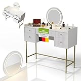 Juskys Schminktisch Samira mit Touch-LED-Spiegel, 5 Schubladen, viel Stauraum, modernes Design, kompakt & pflegeleicht für Make-up – Weiß/Gold