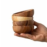 muso wood Mini Holz Dipschalen Set - massives Akazienholz Snackschale - 10x3.8cm 4 Stück Servierschalen Set - für Beilagen, Sauce, Nüssen, Salz, Gewürze - Bonus 4 Phoebeholz Löffel