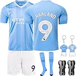 Nr. 9 Kinder Fußball Trikots, Erwachsene und Trikot Kinder, Fussball T-Shirt Shorts Socken, Schlüsselanhänger und Schienbeinschoner Set für Junge Herren Anzug (Größe 24, Blau