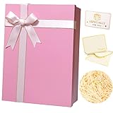 MYGOGOART Große Geschenkbox, 29 x 20 x 10 cm, mit Deckel, Schleife, geschredderter Bast-Papierfüllung, Grußkarte und Umschlag für Hochzeit, Geburtstag, Valentinstag, Brautgeschenke, Rosa (1 Packung