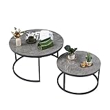 Soayone Couchtisch Rund 2er Set, Dunkelgrau Marmor Couchtisch mit Schwarz Metallgestell, Beistelltisch Rund, Wohnzimmertisch Modern, Satztische fürs Wohnzimmer Schlafzimmer Balkon