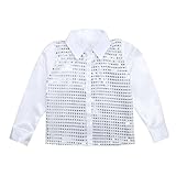 Warmes Hemd Herren,Männer Frauen Glitzernde Pailletten Tanz Tops Langarm Button Down Hemd Für Jazz Dance Performance Kostüm (White, /)