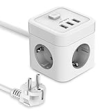 JSVER Steckdosenleiste 3 Fach mit USB, Würfel Mehrfachsteckdose(3680W 16A) USB Schreibtisch Überspannungsschutz mit 3 USB Ladegerät (15,5W) Steckdosen mit Schalter für Zuhause Büro,1.5m Kabel Weiß