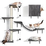Zvonema Kletterwand Katzen, Katzen wandelemente, Kletterwand Set 10-teilig, mit Hängebrücke mit Rutschfestem,Stabiler Kratzsäulen mit Sisal,Ruhe und Spielwandregal mit Spurenkugel, bis 10 kg
