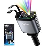 WHATOOK 4-in-1 Einziehbares Auto Ladegerät mit Sternenhimmel LED,66W Handy Schnelles Autoladegerät Zigarettenanzünder USB-C/USB-A, 2 Ladekabel für iPhone, Samsung Galaxy, Google Pixel, Tablets
