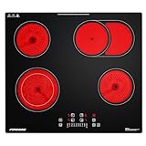FIREGAS Einbau Cerankochfeld 4 Platten – Glaskeramikkochfeld 59 cm, 7200W, 9 Stufen, Herdplatte 4 Kochfelder, Slider Touch, Kindersicherung, Restwärmeanzeige, Starkstrom-Anschluss, Ohne Stecker