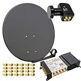 PremiumX Satelliten-Komplettanlage 80cm Satellitenschüssel Anthrazit Multischalter 5/8 Quattro LNB 24 F-Stecker, 1 SAT für 8 Teilnehmer