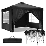 TOOLUCK Pavillon 3x3m Wasserdicht Stabil Winterfest Faltpavillon Partyzelt Gartenpavillon mit Entlüftung, 4 Seitenteilen, 4 Sandsack, Höhenverstellbar, Pop up Faltbar Gartenzelt, Schwarz