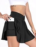 Tennis Rock Damen Sport Golf Skort mit Tasche & Innenhose Minirock Laufrock dehnbar V Bund Hohe Taille Rock Schwarz S