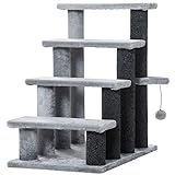 PawHut Haustiertreppe Katzentreppe mit Kratzbaum Ball 4-stufige Hundetreppe Tiertreppe Spanplatte Plüsch Jute Grau 60 x 40 x 64 cm