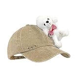 Hiphop-Baumwollkappe, verstellbare Baseballmütze mit hübschem Stoffhunde-Design für Damen, Teenager, Mädchen, Alltag, lässiges Outfit, waschbar, Baumwolle, Papa-Hut, khaki, Einheitsgröße