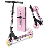 SUOTU Roller Kinder mit 145 mm Rollen, Scooter mit Leuchtrad für 3-12 Jahren, Zusammenklappbarer, Höhenverstellbarer, Cityroller for Boys and Girls, Aluminium (Schwarz und Pink)