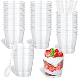 HUOGEE 50 Stück Desserttasse mit 50 Stück Löffeln, 200ml/220ml Dessertbecher Klare Dessertschalen Wiederverwendbar Desserttassen Runden Becher für Zuhause Desserts Pudding Mousse Eis Party (200ml)