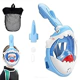 Tauchermaske Vollmaske Kinder, 180° HD Anti Fog und Anti Leck Schnorchelmaske Taucherbrille Kinder Panorama-Vollgesichtsdesign Tauchmaske Schnorchelset für 4-12 Jahre Kinder (Haifischform Blau)