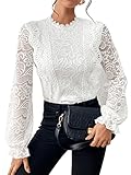 GORGLITTER Bluse Damen Elegant Oberteil Spitzen Hemdbluse Office Casualshirt Langarm Spitzentop Blusetop Tunika Weiß S