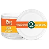 ECO SOUL Pearl White Runde 15cm Bagasse Pappteller (50 Stück), Einweggeschirr und 100% Kompostierbares, Umweltfreundlich Partygeschirr, Robust Campinggeschirr, Mikrowellen- und Ofenfest