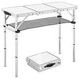 Outsunny 3-Fuß-Klapp-Campingtisch, Picknicktisch mit Netz-Aufbewahrungsfach, Tragetasche und Metallgestell, tragbar für Garten, Park, Grill, cremeweiß