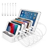 TechDot Handy USB Ladestation Ladestation Mehrere Geräte 6 Port USB Multi Ladestation für Handys Smartphones Tablets (mit 6 Kurze Kabel, Weiß)