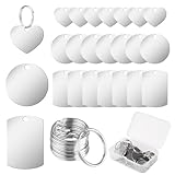 24 Stück Edelstahl Anhänger Blanko, Runde/Rechteckige/Herzförmige Stanzrohlinge Blank Dog Tags, Schlüsselanhänger Metall Rohling mit Schlüsselring, Hund Rohling zum Gravieren für DIY Halsketten