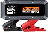 Povasee Starthilfe Powerbank, 5000A Starthilfe (bis zu Alle Benzin/10L Diesel) mit 3 Zoll LCD-Display, Starthilfe Auto mit 2 USB-Ausgängen, Starthilfekabel und LED, Jump Starter für 12V Fahrzeuge