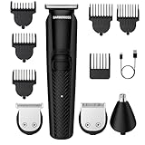 BarberBoss Kabelloses Trimmer-Set für Herren: Bart-, Haar-, Nasen- und Ohrenhaartrimmer, 6 Aufsteckkämme, LED-Ladeanzeige, wasserdichtes Design, Herren-Haarschneider (Schwarz)