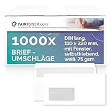 FairToner Briefumschläge DIN lang mit Fenster (1.000 Stück) selbstklebend, Fensterbriefumschläge 22 x 11 cm weiß