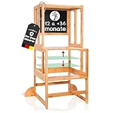 Kywai Montessori Lernturm ab 1 Jahr – Lernturm klappbar aus Bambus, 3 in 1 Learning Tower mit Tafel, höhenverstellbar, stabil & sicher, auch als Tritthocker nutzbar, patentiertes Design