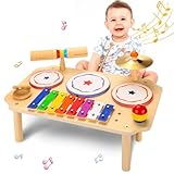 oathx Kinder Trommel Schlagzeug Set ab 1 Jahr,Kinderspielzeug Baby Musikspielzeug Musikinstrumente mit Xylophon,Holz Montessori Spielzeug Kindertrommel musikspielzeug für Kleinkinder Jungen Mädchen