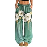 Topassion Arbeitshosen Damen Freizeithose Elegant Jogginghose Elastischem Bund Radlerhose Leicht Weitem Bein Hose Anzughose Vintage Drucke Sommerhose High Waist Sporthose(D02-Grün,XXL)