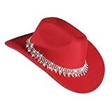 Cowboyhut für Damen, Strass, breite Krempe, Diamant-Glitzer, Western-Cowboyhut, Größe: M / L, Rote Strass-Steine, M-L