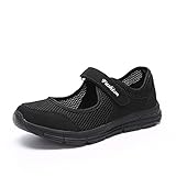 Damen Outdoor Fitnessschuhe Atmungsaktive Mesh Schuhe Sport Slipper mit Klettverschluss, Schwarz, 38 EU