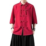 Tang-Anzug-Shirt Herren Sommer Einfarbig Cardigan Lose Kurzarm Kampfsport Shirt Herren Mit Scheibenschnalle Casual Shirt Chinesischer Stil Trainingsshirt Herren D-Red 4XL