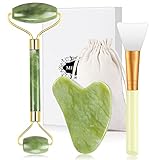 Jade Roller Set für Gesicht, Gua Sha Stein Massageset Gesichtsmassagegerät Natürlicher Schaben Stein Massage Werkzeug mit Maskenpinsel für Anti-Aging