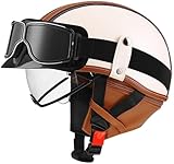 Retro Leder Motorrad Halbhelme Deutsche Halbschalenhelm Jethelm Mit Visier Und Schnellverschluss Schnalle DOT/ECE-Zulassung Cruiser Chopper Biker Moped Helm Für Damen Und Herren 7,M=57-58CM
