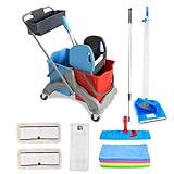 Hypafol Reinigungswagen mit Korb Set 50 cm | 2 x 25 l Eimer mit Wischmopp-Presse und Kehrgarnitur | inkl. 2X 50cm Baumwoll Mopp, 1x Mikrofaser-Mopp | je 3 Mikrofasertücher in rot, gelb, grün, blau
