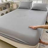 Hellgraues, atmungsaktives, weiches Spannbetttuch mit elastischem Matratzenschoner für Zuhause, Schlafzimmer, Hotel, 180 x 200 cm, Sommerbettwäsche unverzichtbar